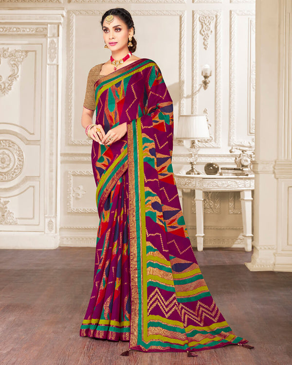 Vishal Prints Wine Brasso Saree With Foil Print And Tassel