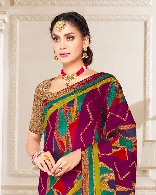 Vishal Prints Wine Brasso Saree With Foil Print And Tassel