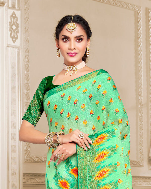 Vishal Prints Sea Green Brasso Saree With Foil Print And Tassel