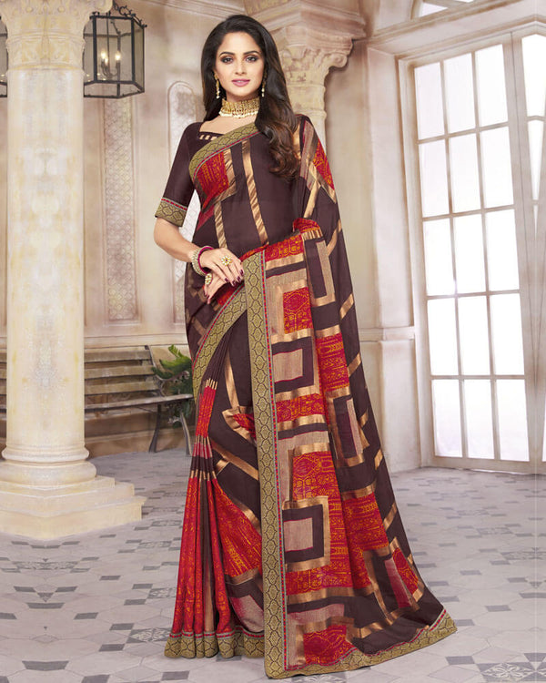 Vishal Prints Brown Brasso Saree With Foil Print And Zari Border