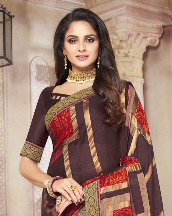 Vishal Prints Brown Brasso Saree With Foil Print And Zari Border