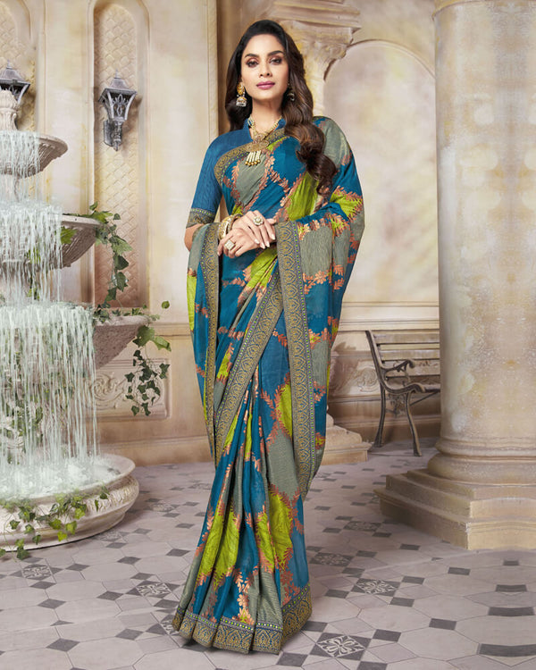 Vishal Prints Teal Blue Brasso Saree With Foil Print And Zari Border