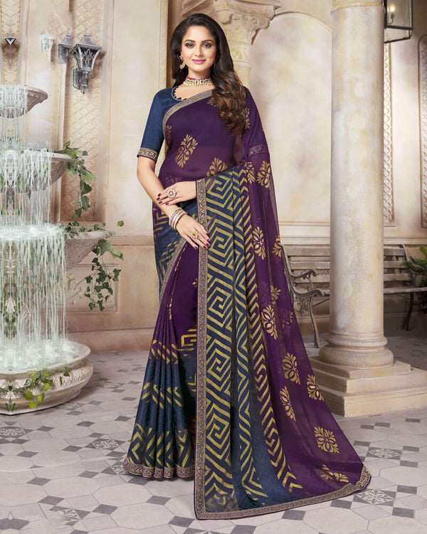 Vishal Prints Wine Brasso Saree With Foil Print And Zari Border