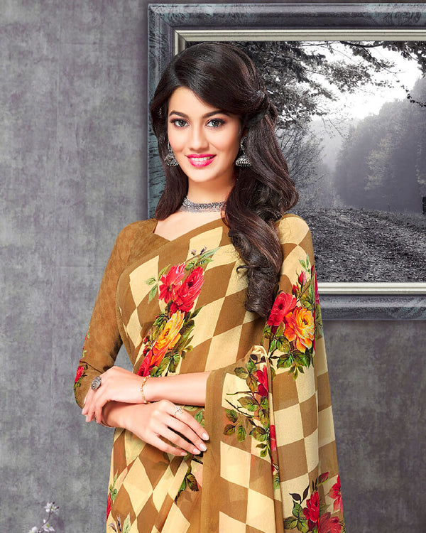 Vishal Prints Beige Digital Print Georgette Saree