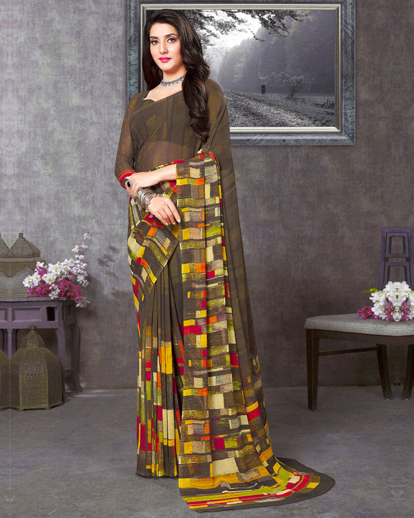 Vishal Prints Coffee Brown Digital Print Georgette Saree