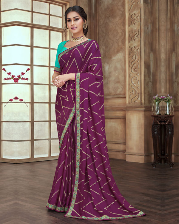 Vishal Prints Wine Chiffon Saree With Foil Print And Jari Border