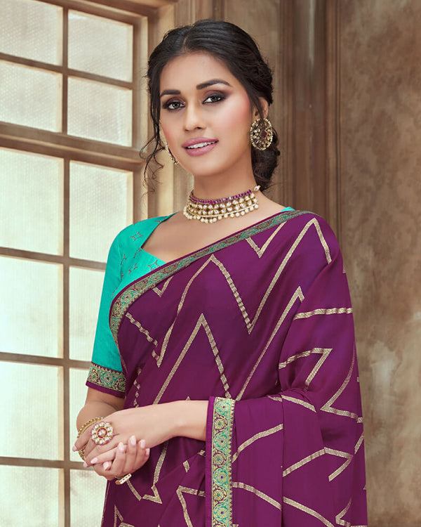 Vishal Prints Wine Chiffon Saree With Foil Print And Jari Border