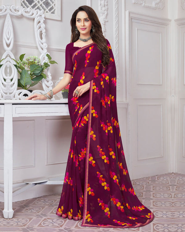 Vishal Prints Wine Printed Georgette Saree With Satin Border