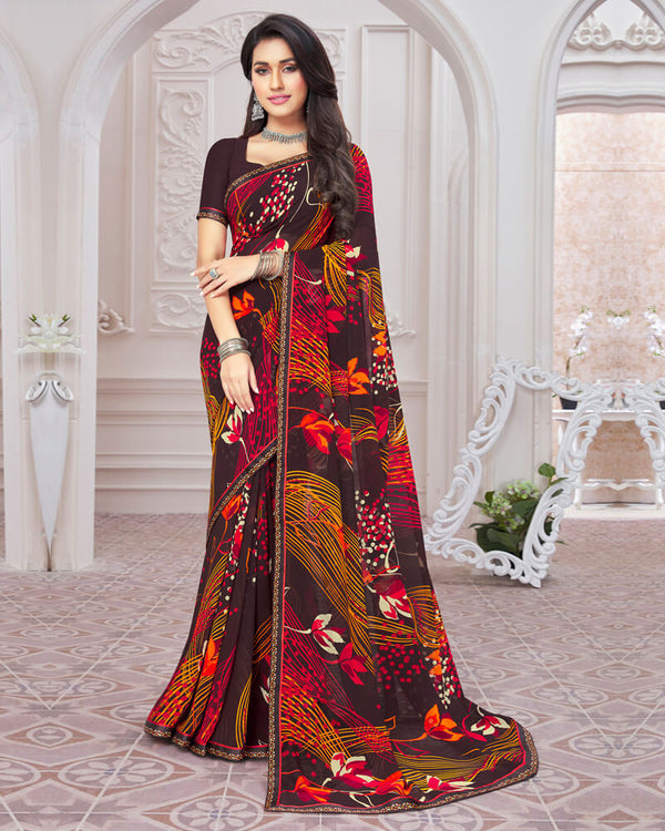 Vishal Prints Wine Printed Georgette Saree With Satin Border