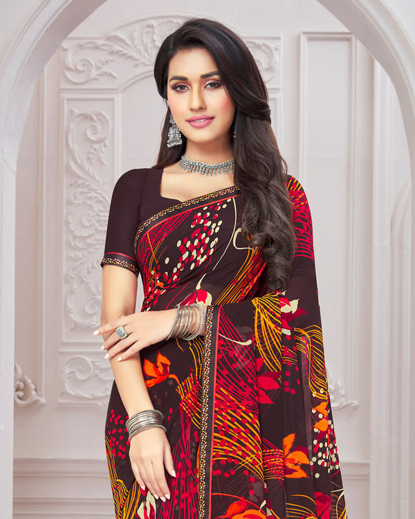 Vishal Prints Wine Printed Georgette Saree With Satin Border