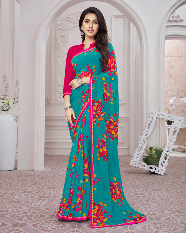 Vishal Prints Teal Blue Printed Georgette Saree With Satin Border