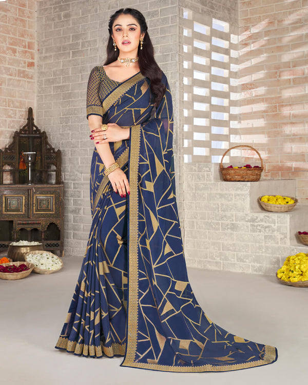 Vishal Prints Ink Blue Brasso Saree With Foil Print And Jari Border