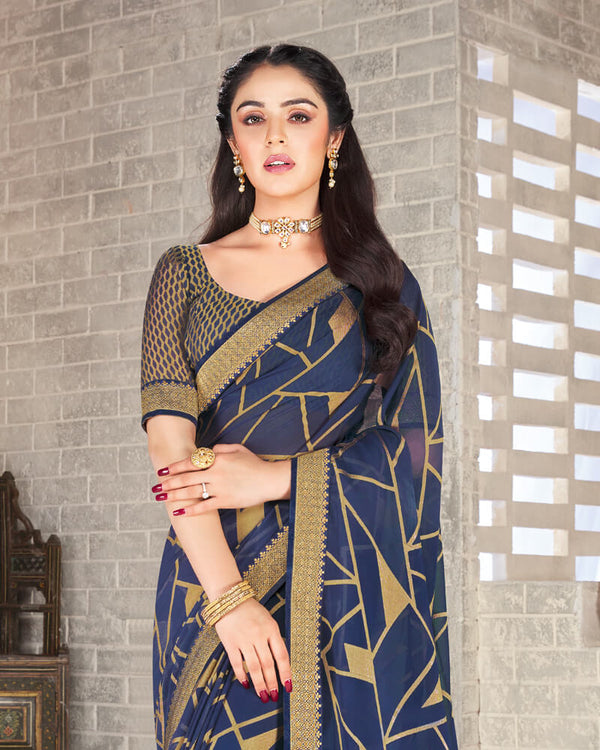 Vishal Prints Ink Blue Brasso Saree With Foil Print And Jari Border