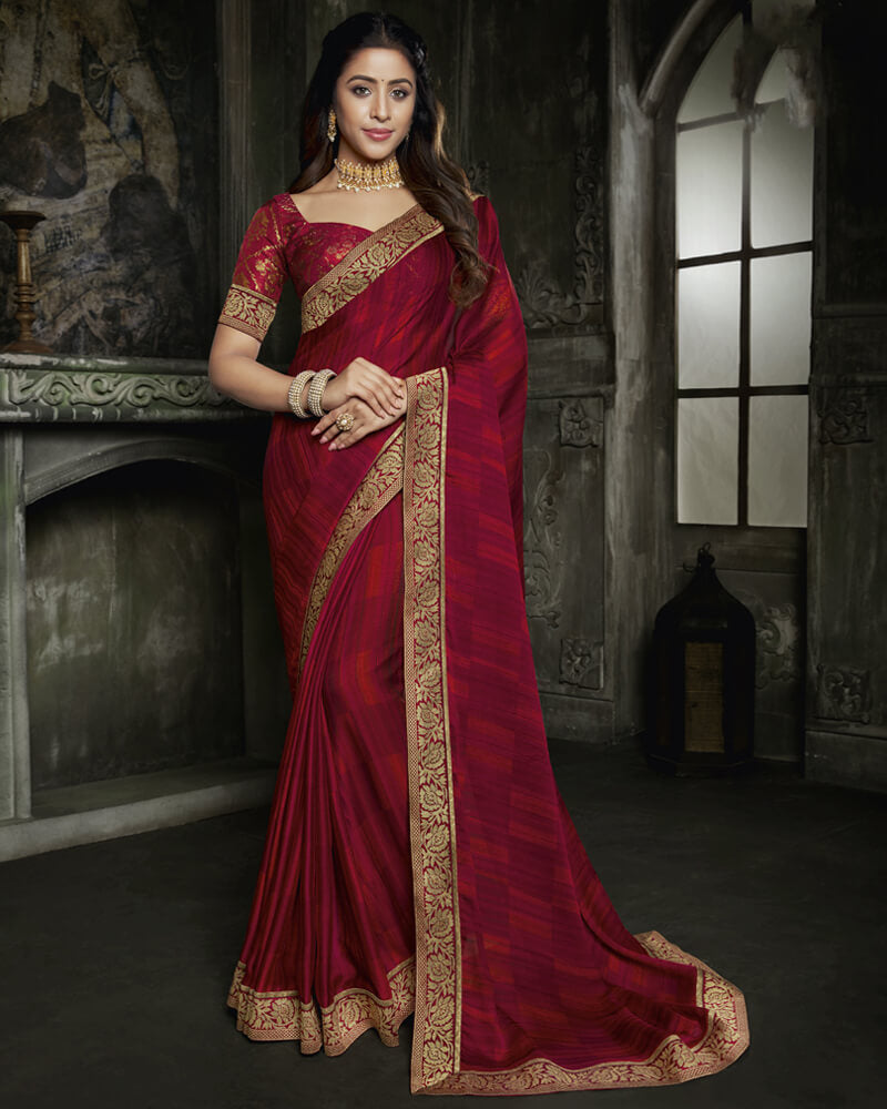 Vishal Prints Cherry And Dark Red Chiffon Saree With Jari Border