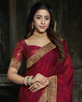 Vishal Prints Cherry And Dark Red Chiffon Saree With Jari Border