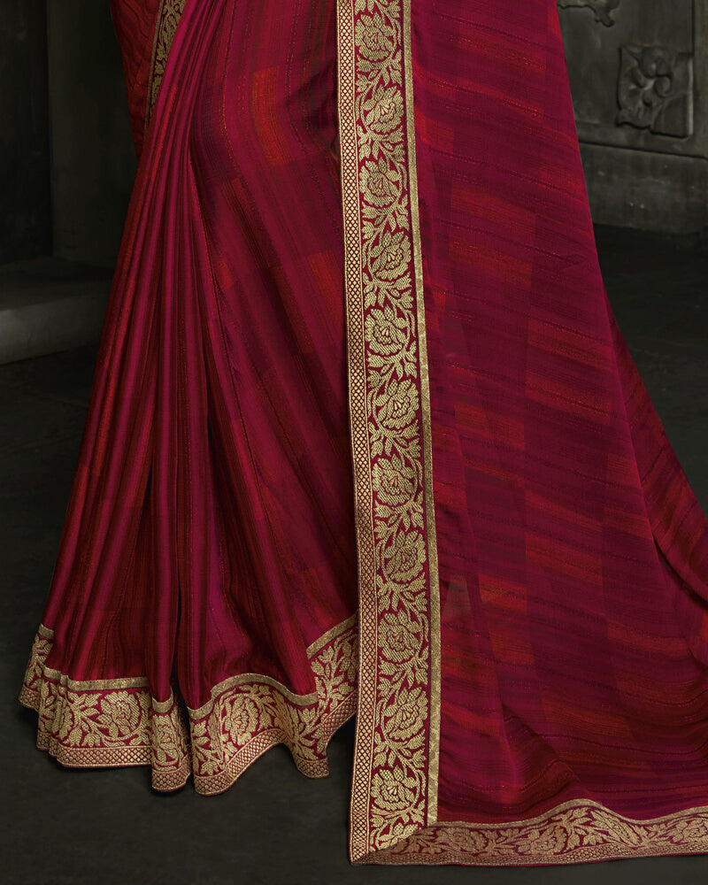 Vishal Prints Cherry And Dark Red Chiffon Saree With Jari Border