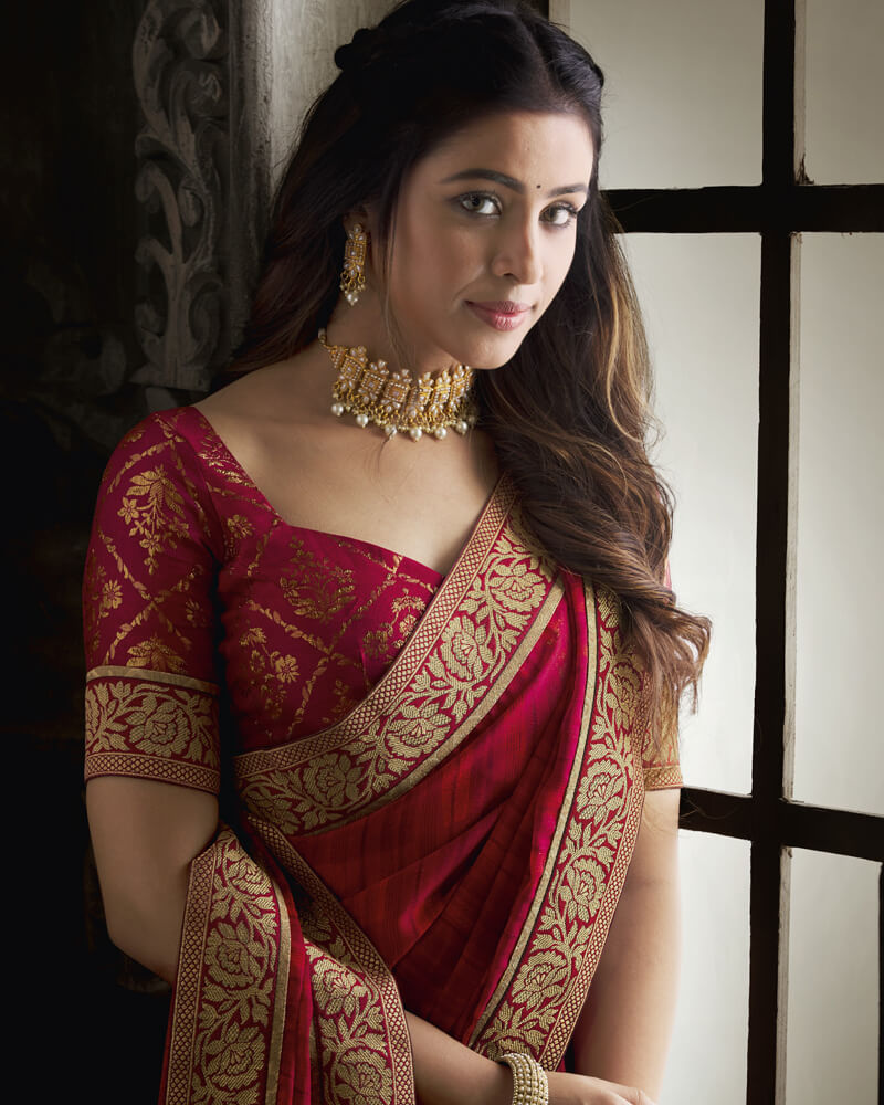 Vishal Prints Cherry And Dark Red Chiffon Saree With Jari Border