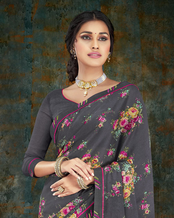 Vishal Prints Charcoal Grey Digital Print Crepe Saree With Border