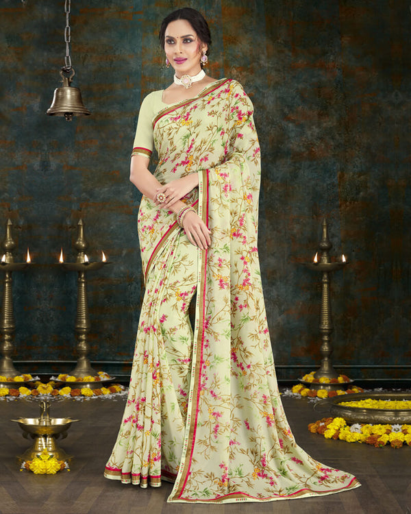 Vishal Prints Pastel Yellow Digital Print Crepe Saree With Border