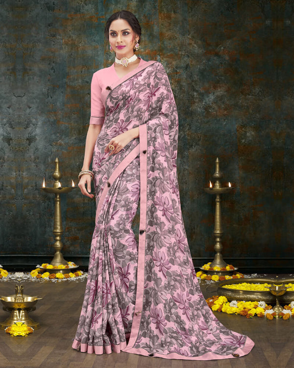 Vishal Prints Baby Pink Digital Print Crepe Saree With Border