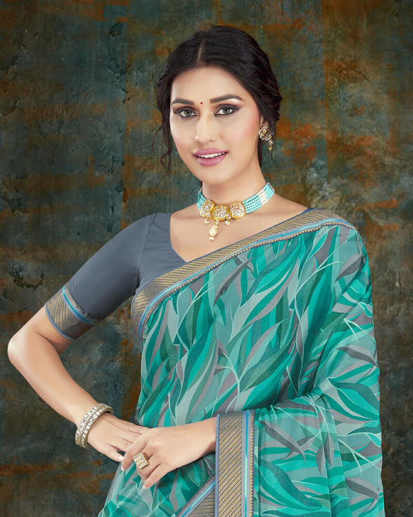 Vishal Prints Teal Blue Digital Print Crepe Saree With Border