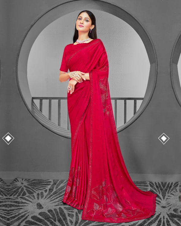 Vishal Prints Cherry Red Satin Saree With Stone Work