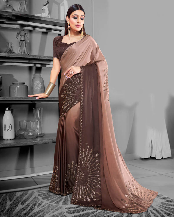 Vishal Prints Brown Satin Saree With Stone Work