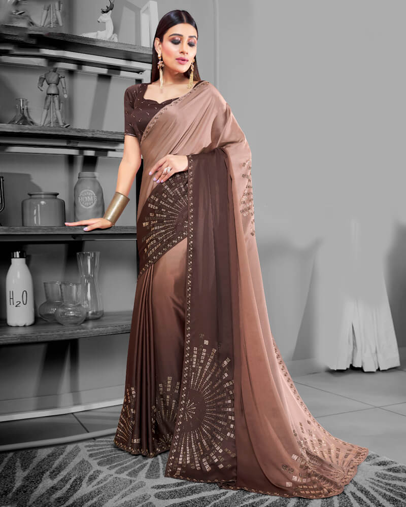 Vishal Prints Brown Satin Saree With Stone Work