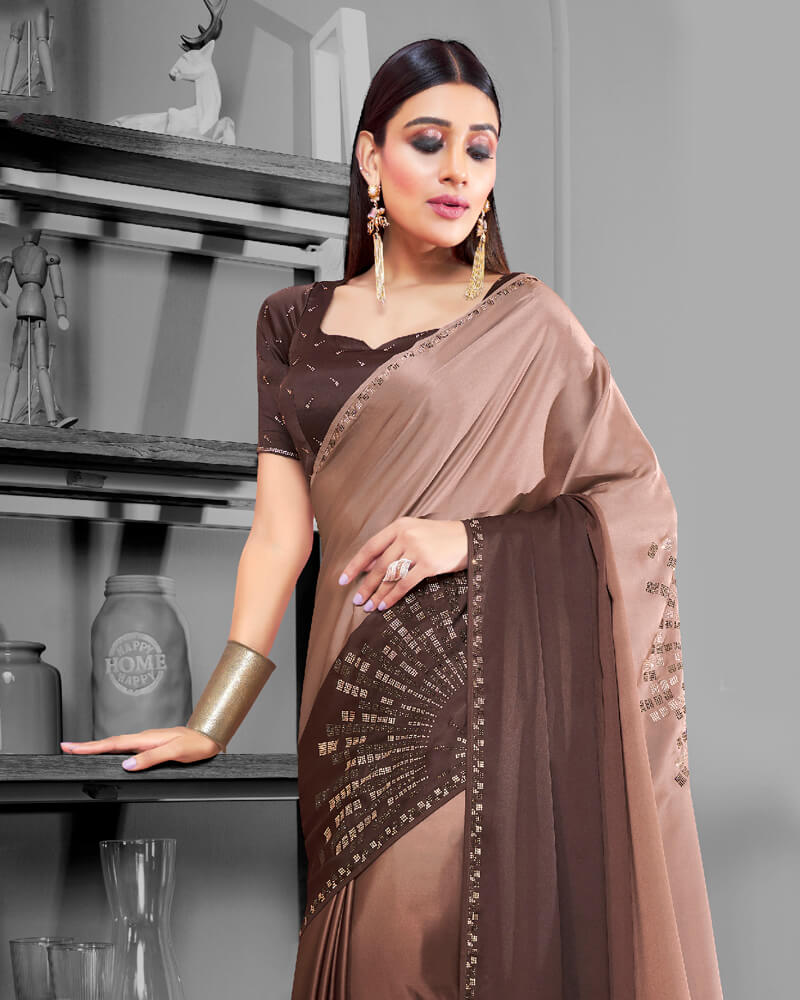 Vishal Prints Brown Satin Saree With Stone Work