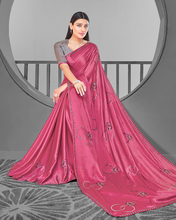 Vishal Prints Blush Pink Satin Saree With Stone Work