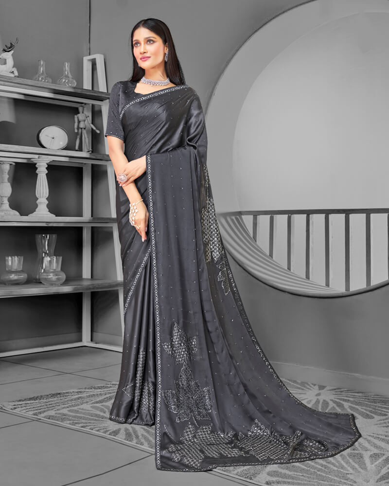 Vishal Prints Dark Grey Satin Saree With Stone Work