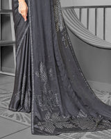 Vishal Prints Dark Grey Satin Saree With Stone Work