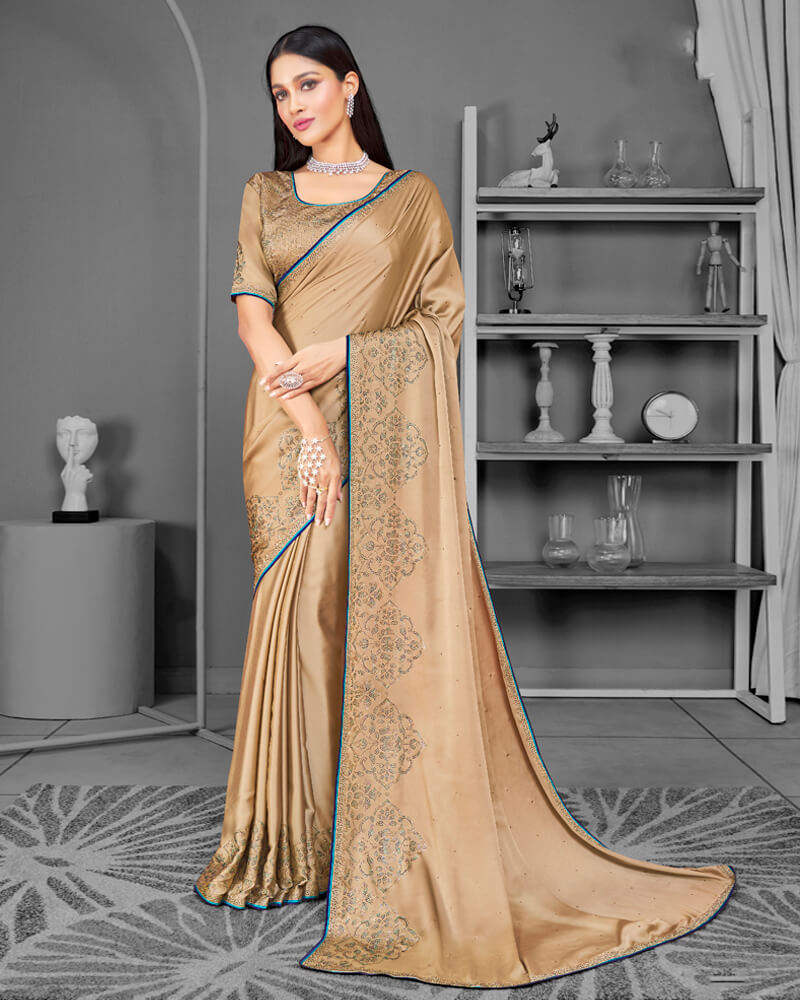 Vishal Prints Fawn Satin Saree With Stone Work