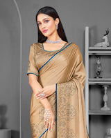 Vishal Prints Fawn Satin Saree With Stone Work