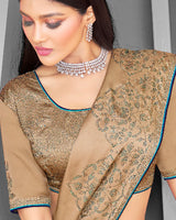 Vishal Prints Fawn Satin Saree With Stone Work