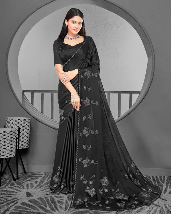 Vishal Prints Black Satin Saree With Stone Work