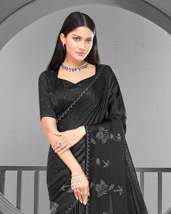 Vishal Prints Black Satin Saree With Stone Work