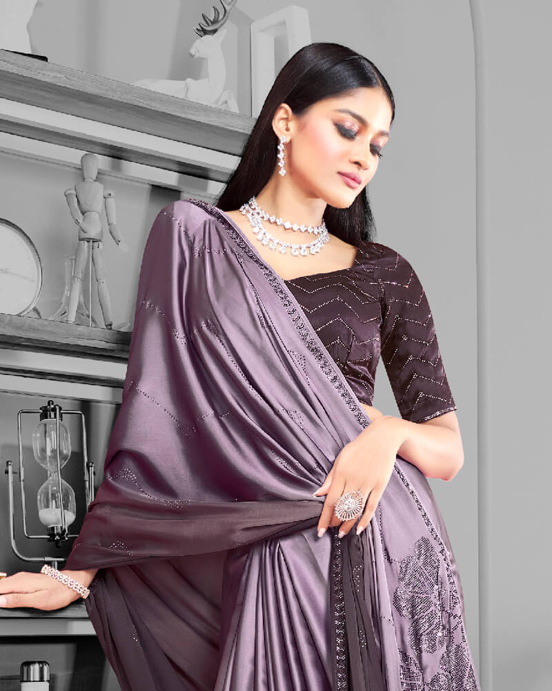 Vishal Prints Wine Satin Saree With Stone Work