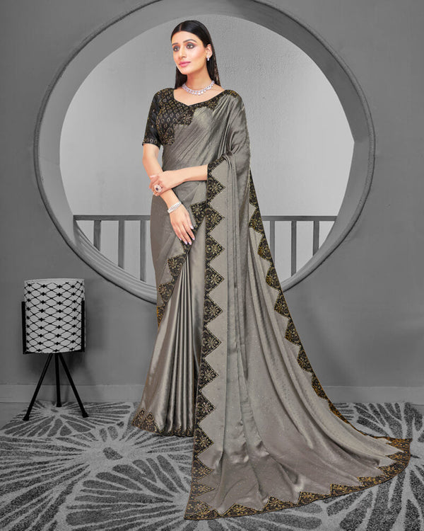 Vishal Prints Sand Grey Satin Saree With Stone Work