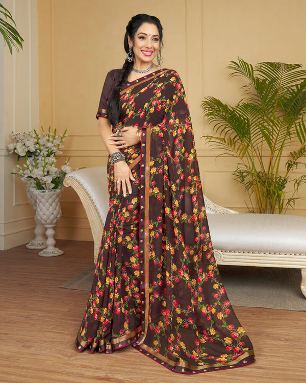 Vishal Prints Brown Printed Georgette Saree With Border