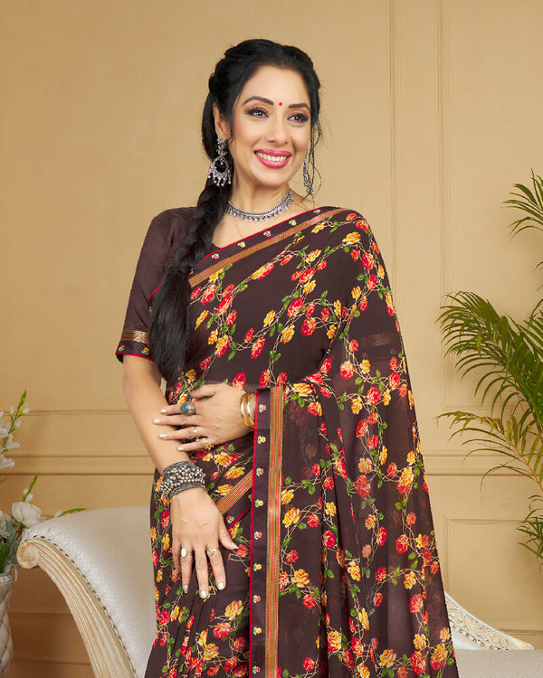 Vishal Prints Brown Printed Georgette Saree With Border