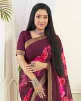 Vishal Prints Wine Printed Chiffon Saree With Border