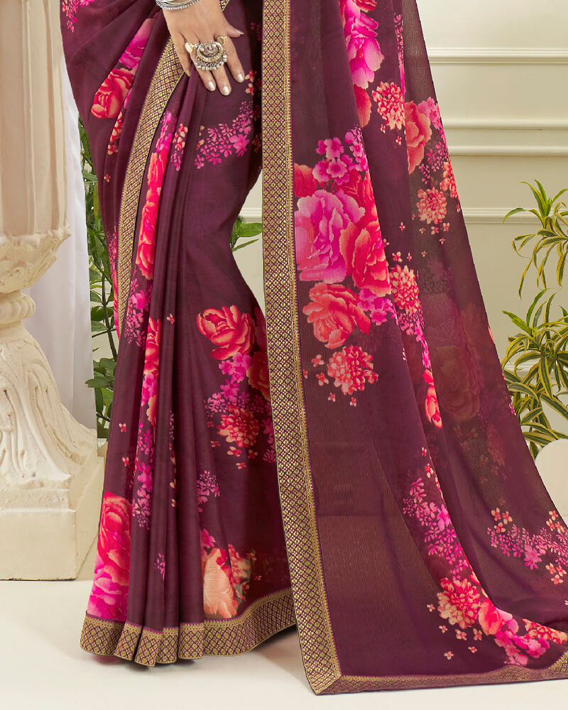 Vishal Prints Wine Printed Chiffon Saree With Border