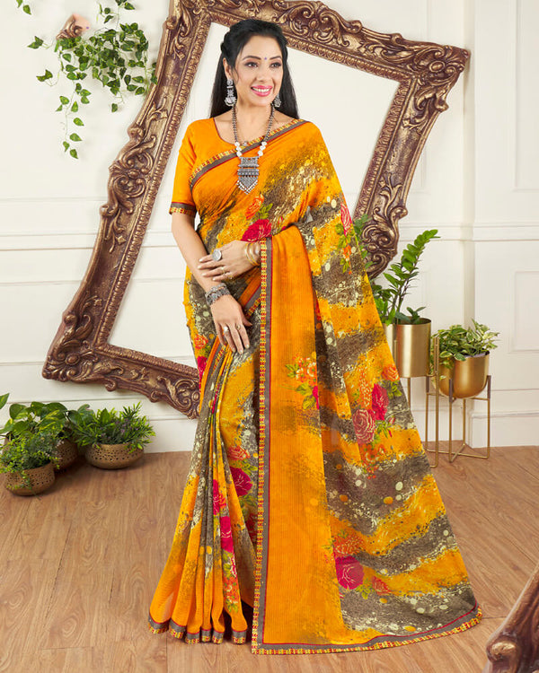 Vishal Prints Yellowish Orange Printed Georgette Saree With Border