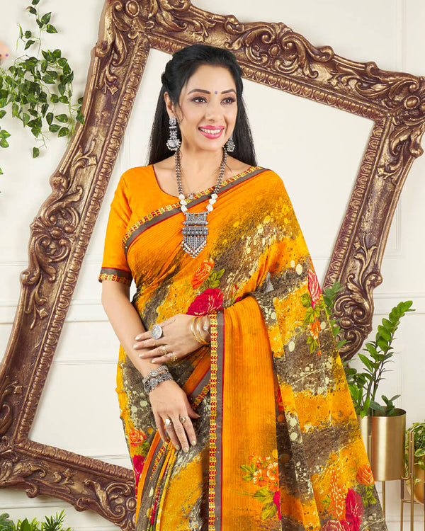 Vishal Prints Yellowish Orange Printed Georgette Saree With Border