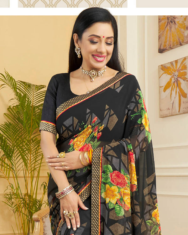 Vishal Prints Black Printed Georgette Saree With Border