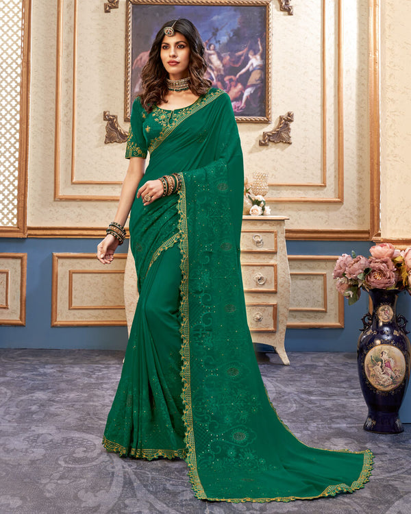 Vishal Prints Bottle Green Chiffon Saree With Embroidery Work