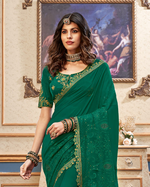 Vishal Prints Bottle Green Chiffon Saree With Embroidery Work