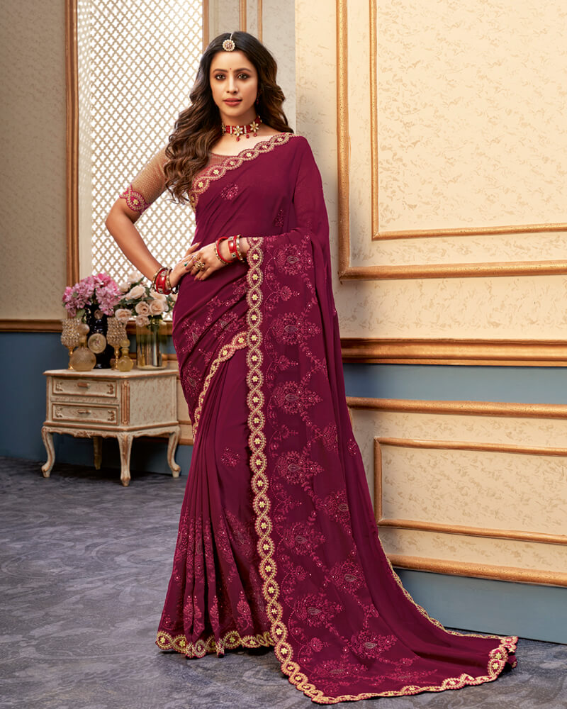 Vishal Prints Wine Chiffon Saree With Embroidery Work