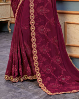 Vishal Prints Wine Chiffon Saree With Embroidery Work